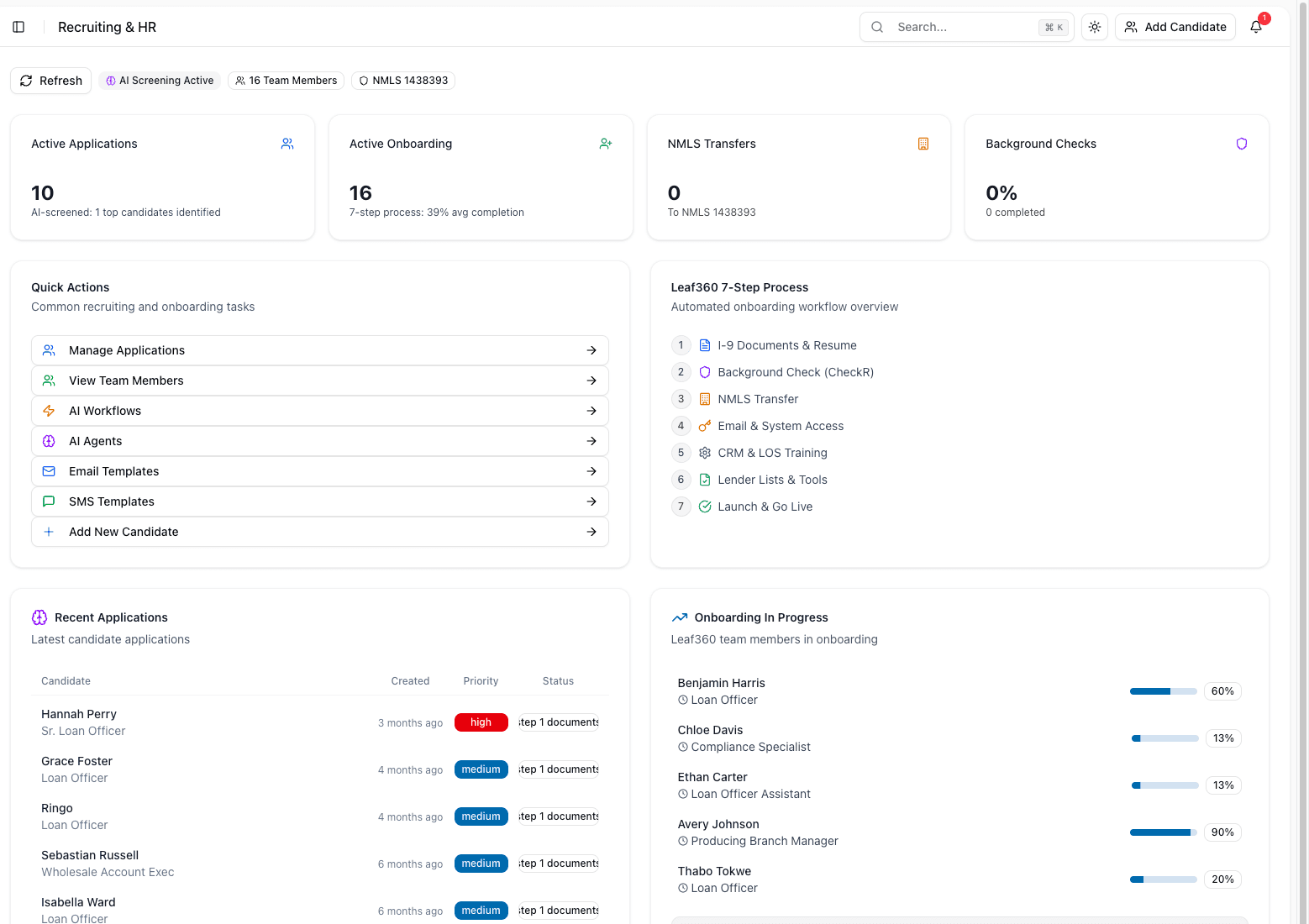 Leaf360 Recruiting and HR dashboard in the fictional demo workspace: cards for 10 active applications, 16 in onboarding, NMLS transfers and background checks; a quick actions list; the seven-step onboarding process from I-9 documents to launch; recent candidate applications with a priority flag; and an onboarding-in-progress list with a percentage per person.